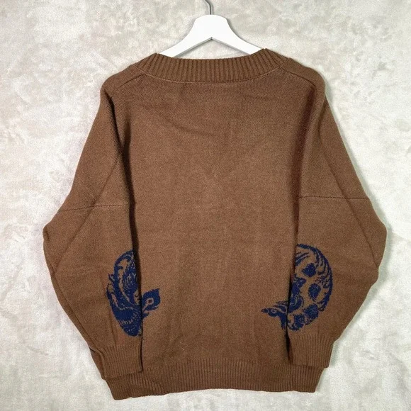 Phoenix Bird Cardigan Button Down XL Sweater Blue Brown Boxy Indie Hipster Boho - Picture 3 of 7